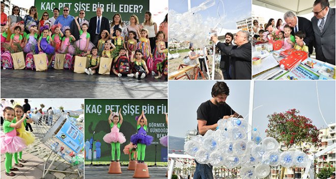 Atık piller kumbaraya, pet şişeler heykele