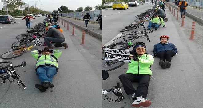Bostanlı'da bisikletciler yol için eylem yaptı...