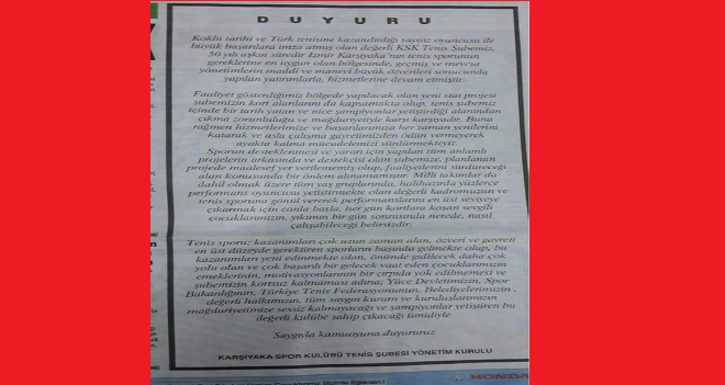 Karşıyaka Tenis Şubesinden yıkıma ilanlı tepki...